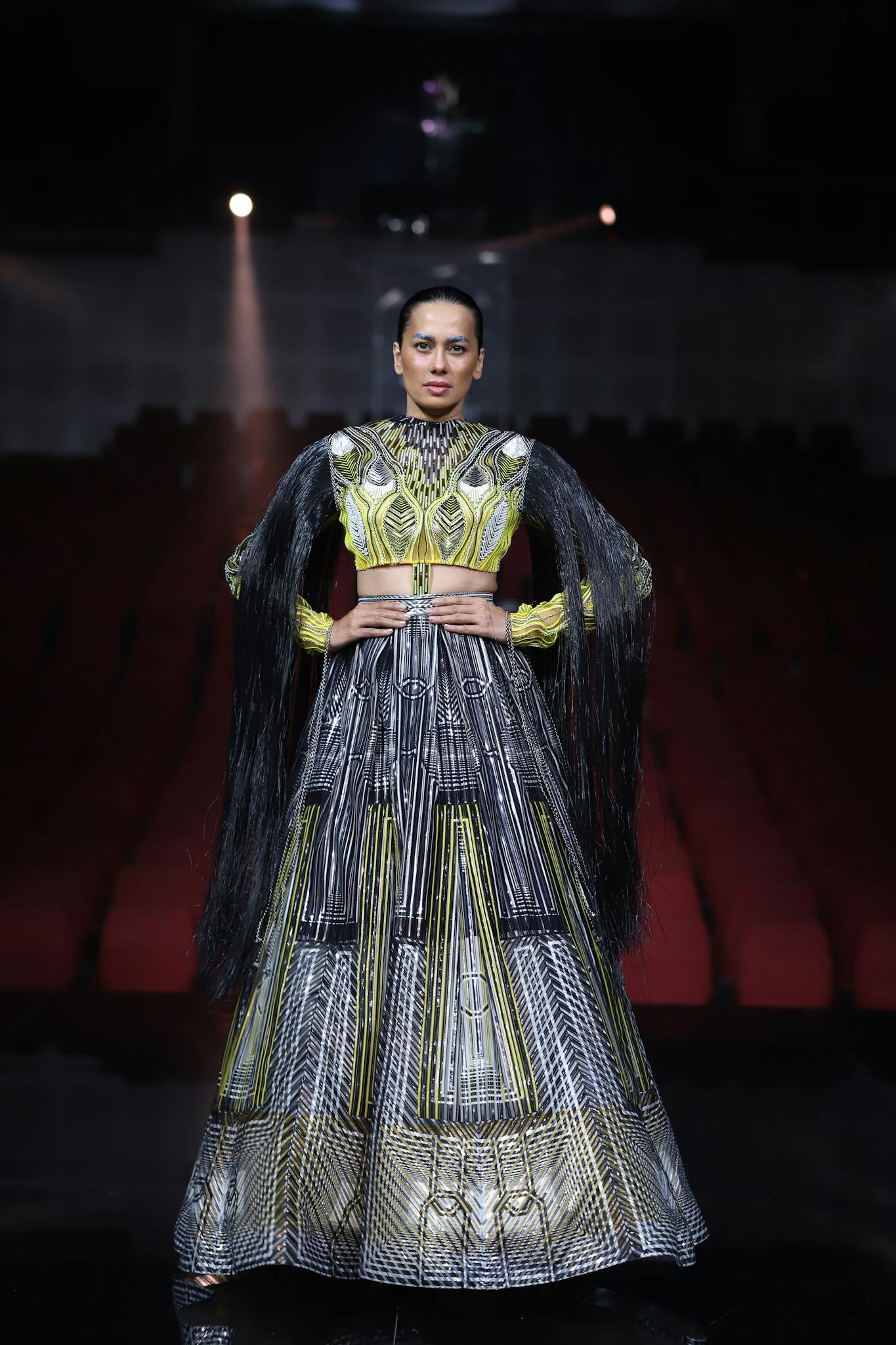 Stunning couture dress showcased at a fashion event in New Delhi.